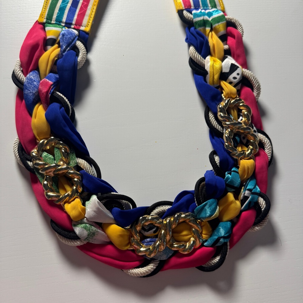 Vtg 80s Belt Rainbow Braided Fabric Rope Gold Chain Statement Striped Pride Glam